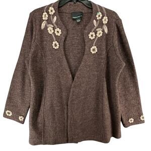 Cynthia Rowley Cardigan Sweater Womens L Brown Wool Floral Open Cottage Granny